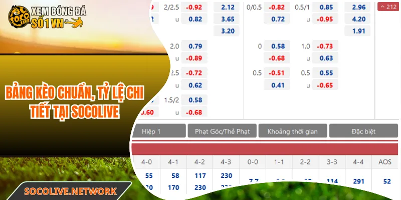 Bảng kèo chuẩn, tỷ lệ chi tiết tại Socolive